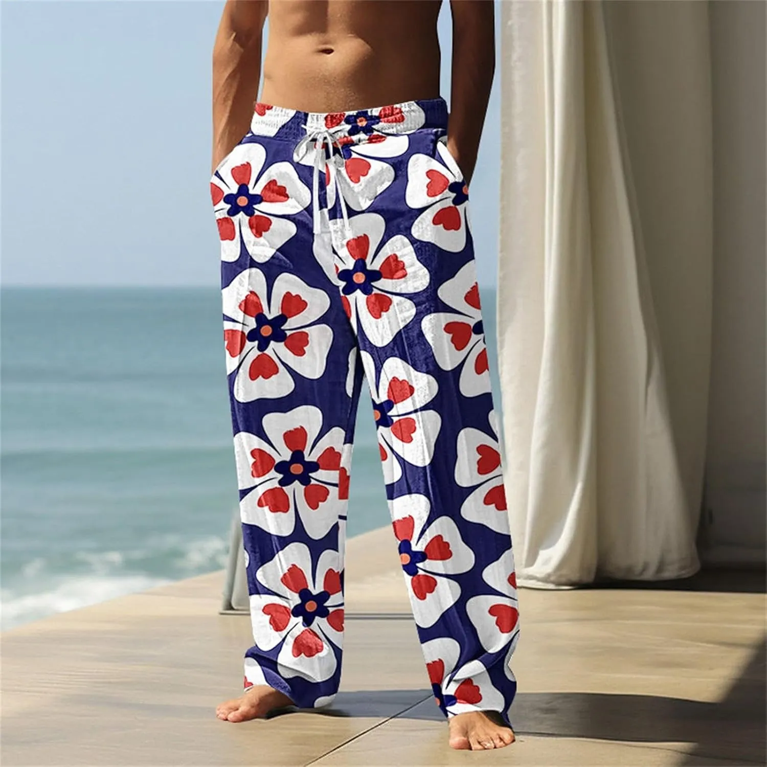 Cotton Linen Pants for Men Casual Palm Tree Print Wide Leg Yoga Beach Pants Loose Fit Lightweight Summer Trousers