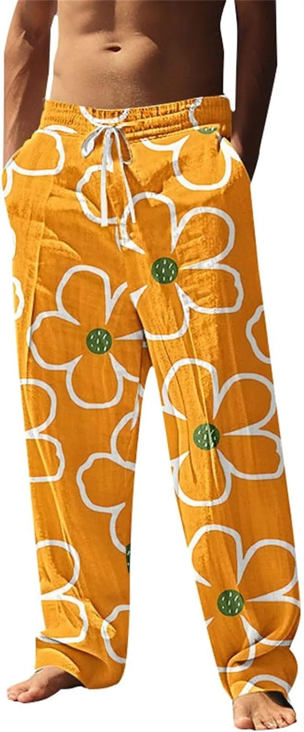 Cotton Linen Pants for Men Casual Palm Tree Print Wide Leg Yoga Beach Pants Loose Fit Lightweight Summer Trousers