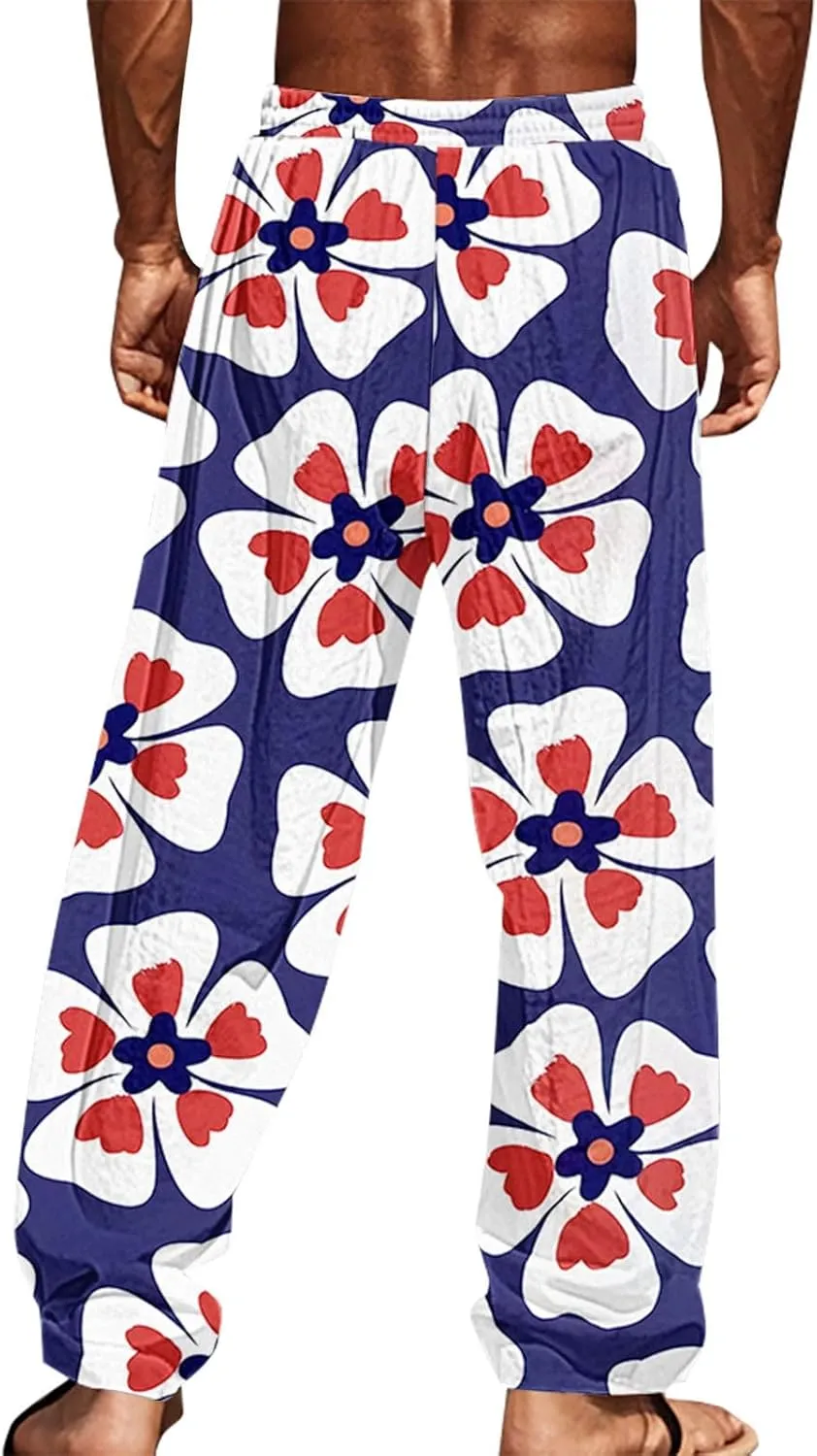 Cotton Linen Pants for Men Casual Palm Tree Print Wide Leg Yoga Beach Pants Loose Fit Lightweight Summer Trousers