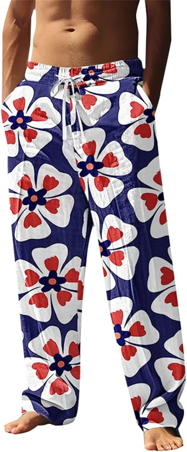 Cotton Linen Pants for Men Casual Palm Tree Print Wide Leg Yoga Beach Pants Loose Fit Lightweight Summer Trousers