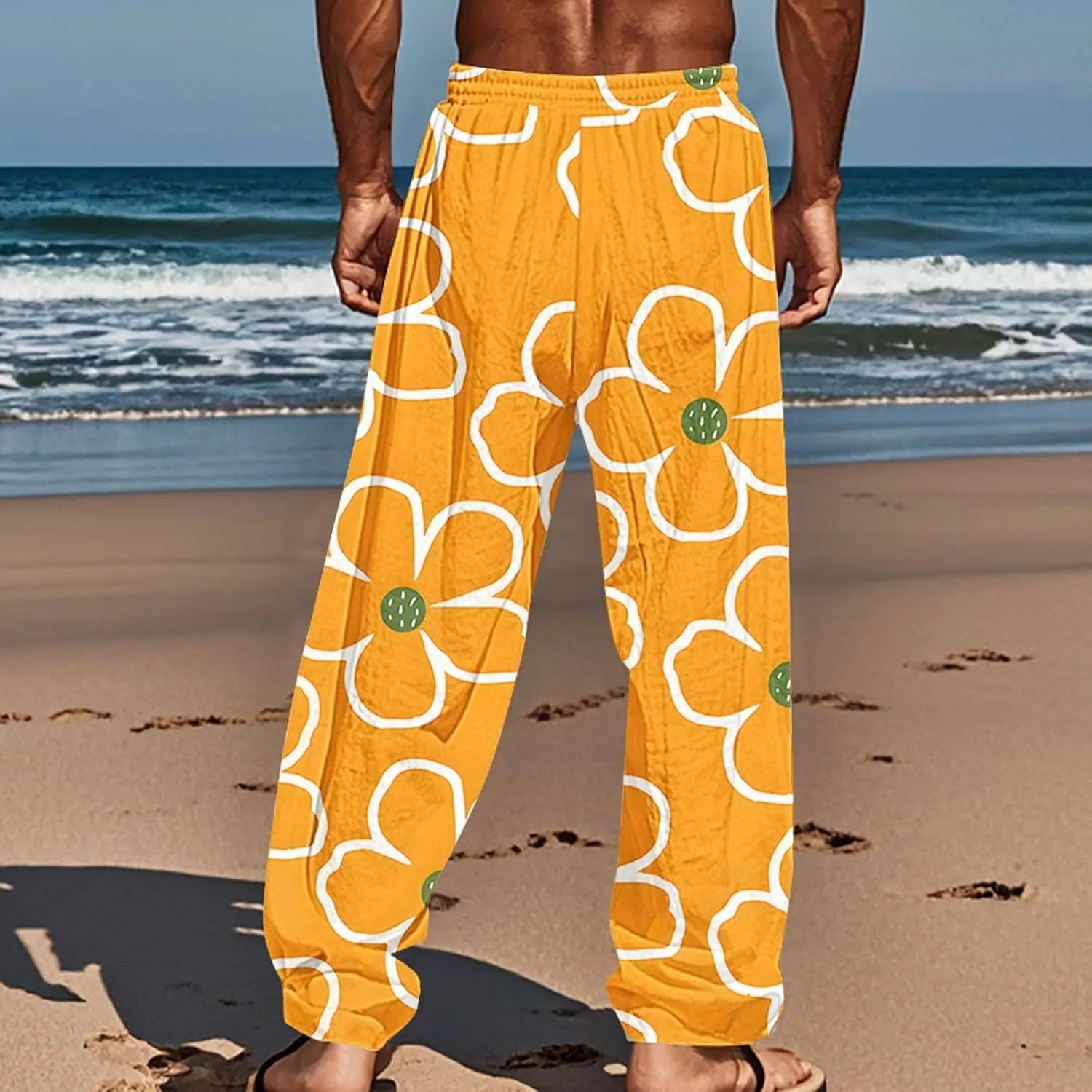 Cotton Linen Pants for Men Casual Palm Tree Print Wide Leg Yoga Beach Pants Loose Fit Lightweight Summer Trousers