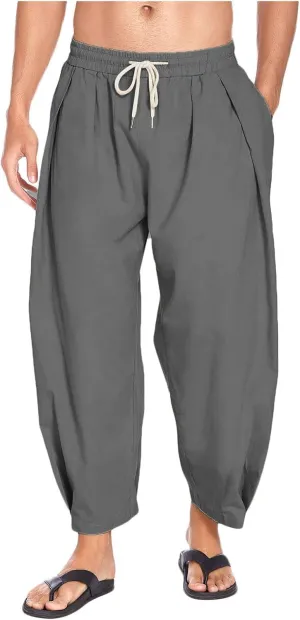 Cotton Linen Pants for Mens Loose Fit Drawstring Elastic Waist Casual Sweatpants Lightweight Beach Yoga Trousers
