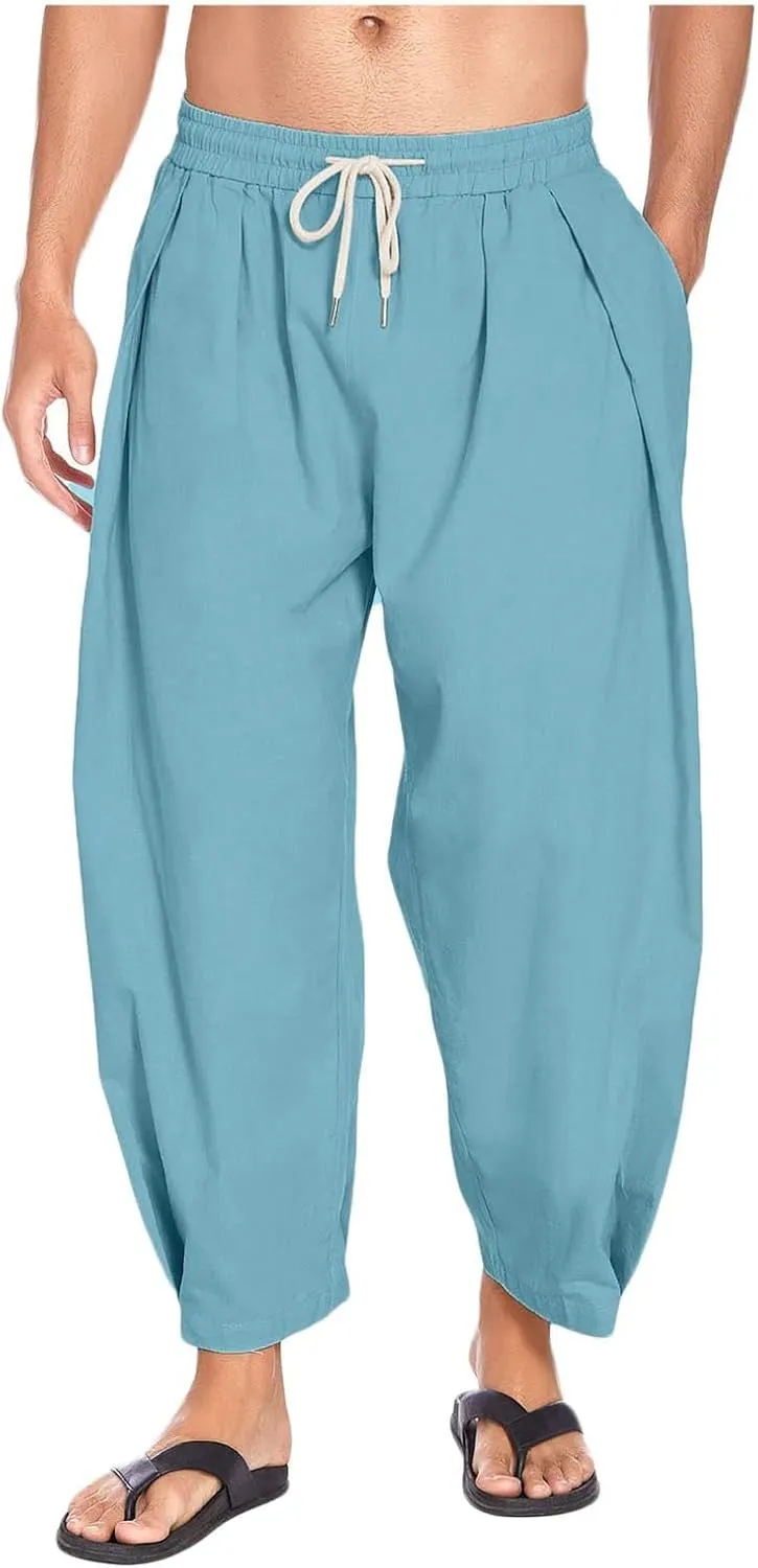 Cotton Linen Pants for Mens Loose Fit Drawstring Elastic Waist Casual Sweatpants Lightweight Beach Yoga Trousers