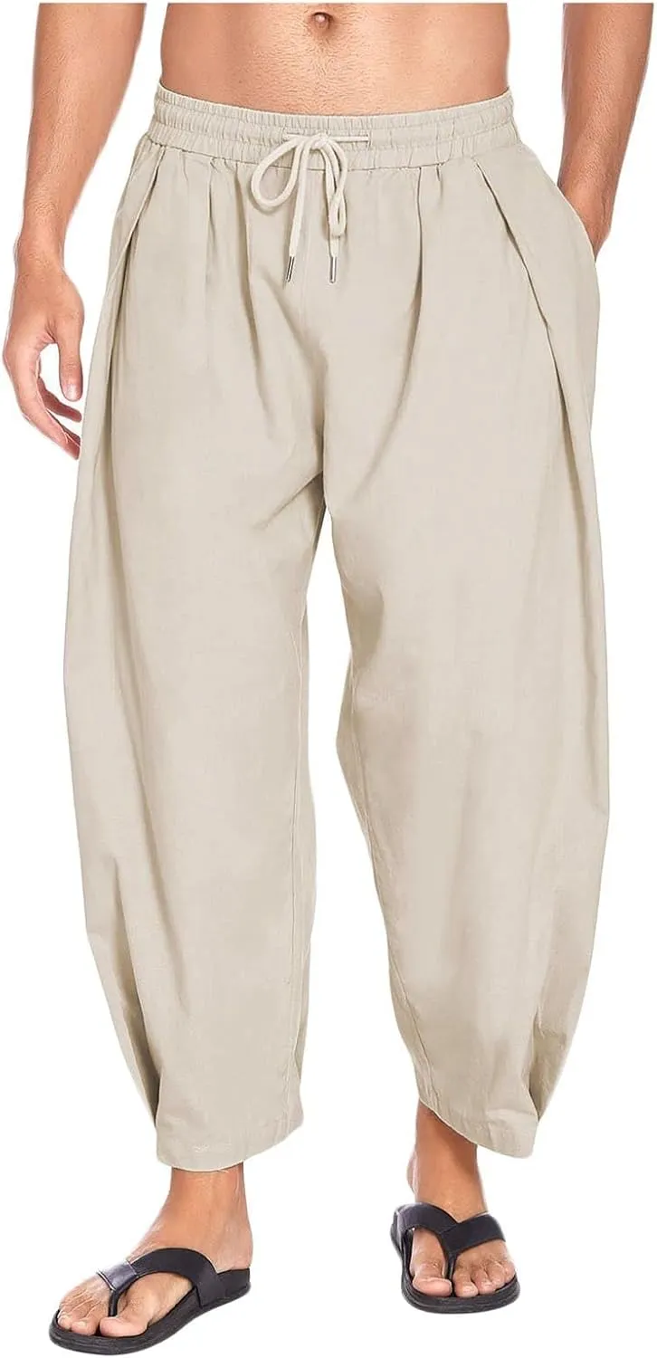 Cotton Linen Pants for Mens Loose Fit Drawstring Elastic Waist Casual Sweatpants Lightweight Beach Yoga Trousers