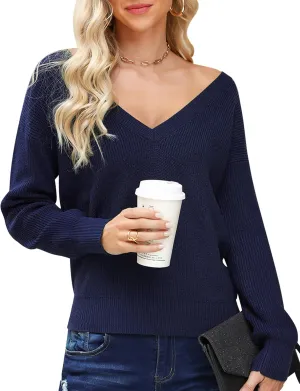 Cowasto Women Sexy Deep V Neck Sweater Christmas Sweaters Casual Long Sleeve Fall Sweaters Pullover