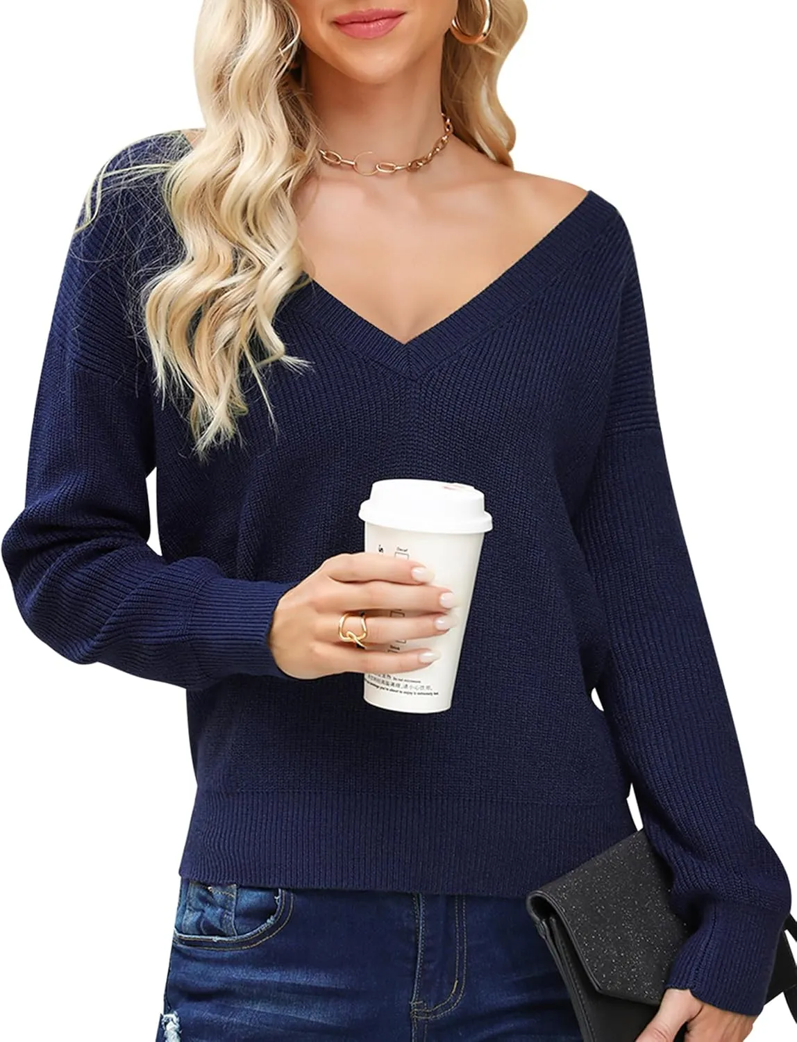 Cowasto Women Sexy Deep V Neck Sweater Christmas Sweaters Casual Long Sleeve Fall Sweaters Pullover