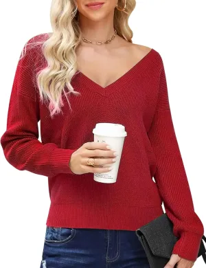 Cowasto Women Sexy Deep V Neck Sweater Christmas Sweaters Casual Long Sleeve Fall Sweaters Pullover