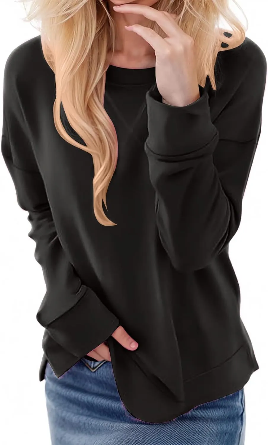 Crewneck Sweatshirts for Women Trendy 2024 Solid Color Pullover Tops Long Sleeve Sweatshirt Tunic Fall Winter Clothes