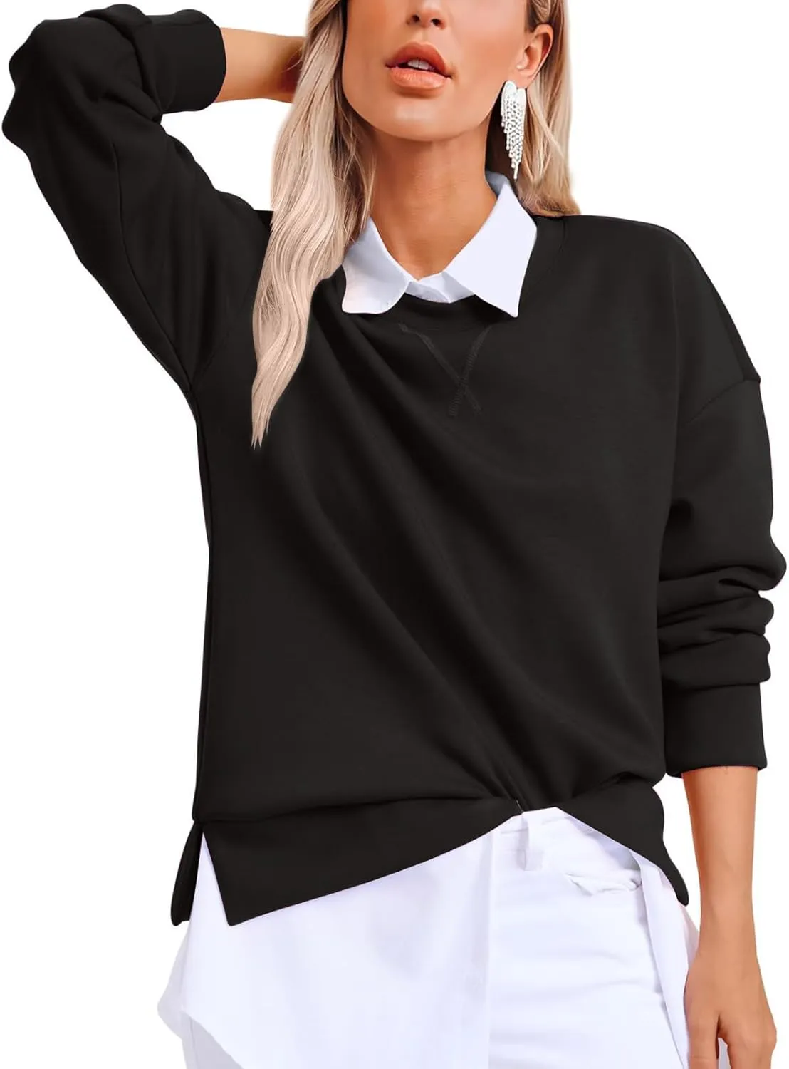 Crewneck Sweatshirts for Women Trendy 2024 Solid Color Pullover Tops Long Sleeve Sweatshirt Tunic Fall Winter Clothes