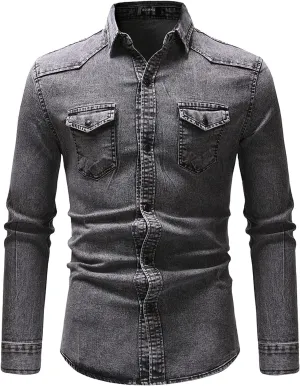 CRNTCEM Men's Denim Distressed Jacket Button Down Vintage Trucker Jeans Shirts Rugged Wear Unlined Casual Denim Jacket