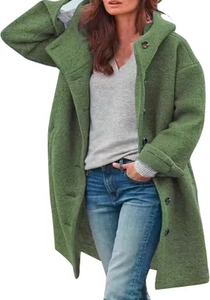 CRNTCEM Womens Wool Blend Pea Coat Fashion Winter Warm Dressy Overcoat Single Breasted Solid Casual Hooded Trench Jackets