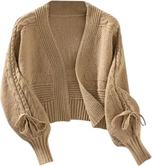 Cropped Sweater Cardigans for Women Cable Knitted Lace Up Lantern Sleeve Fall Winter Chunky Loose Fit Outerwear Coat