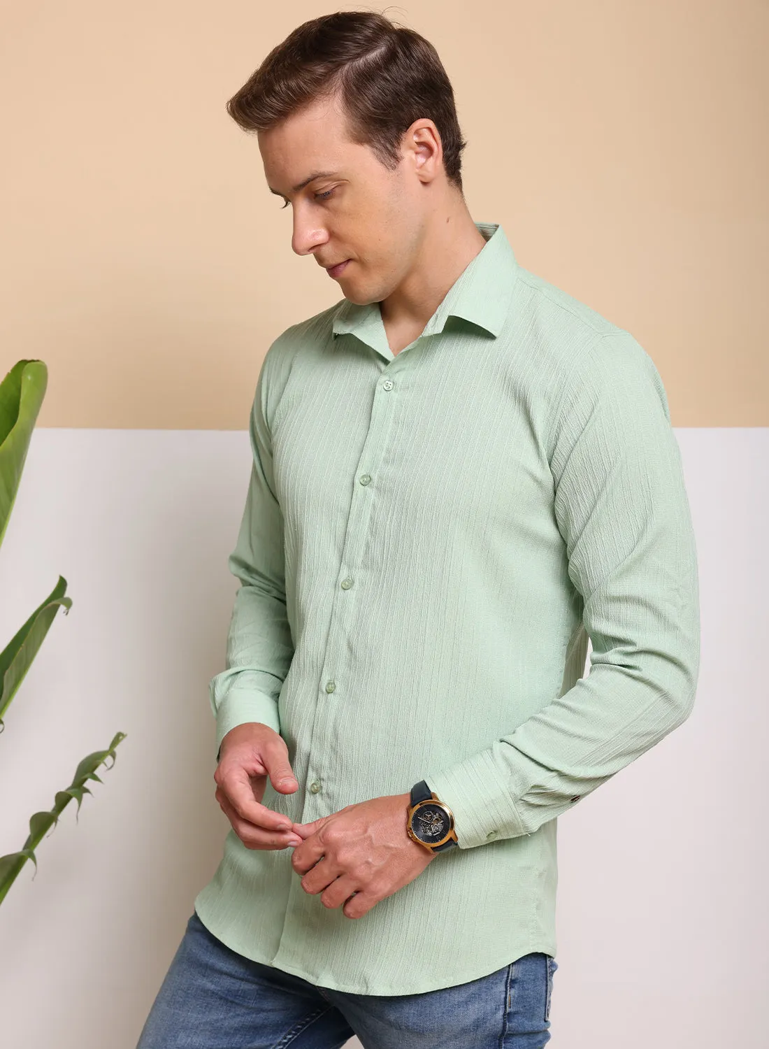 Crushed Self Stripe Light Green Shirt