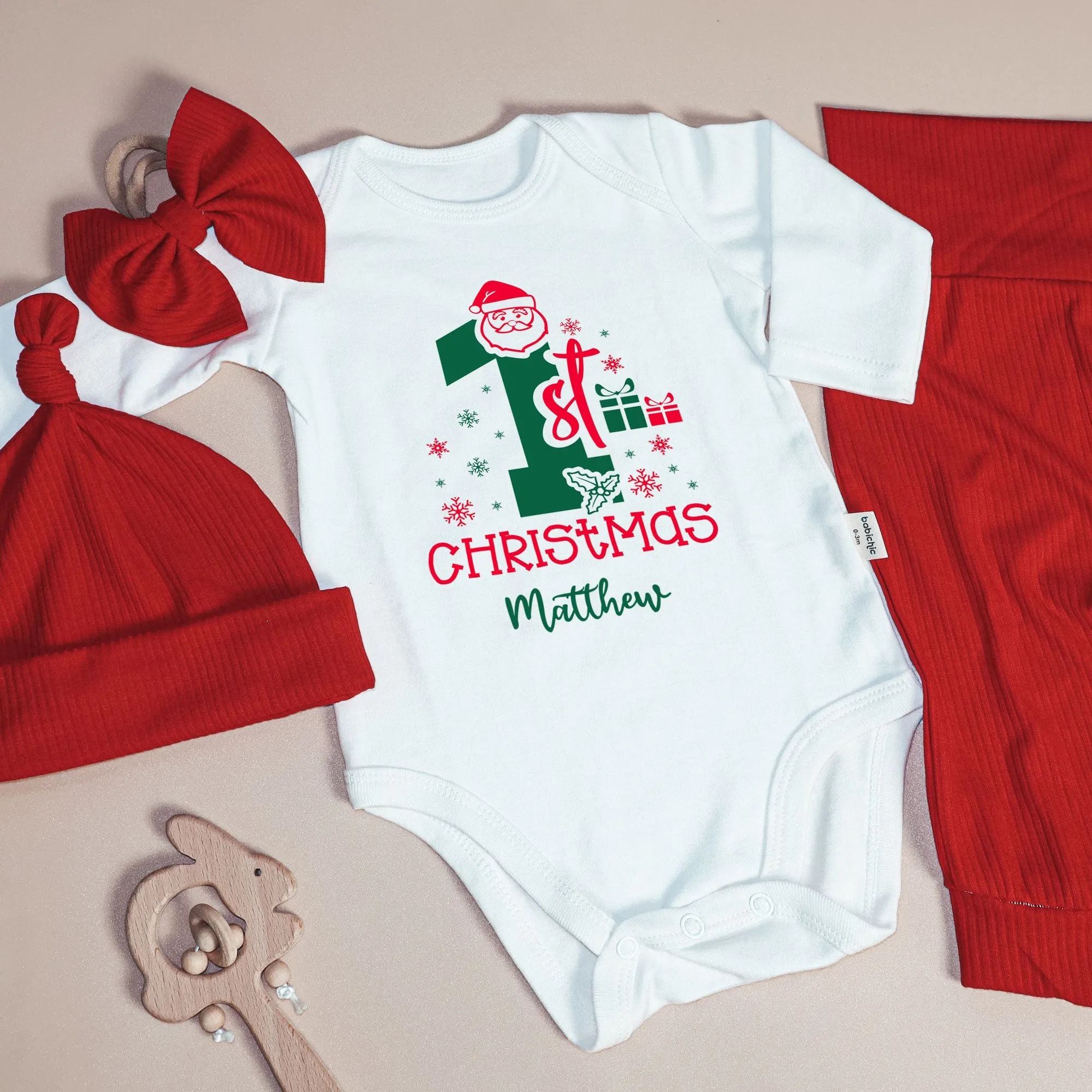 Custom Name My 1st Christmas Baby Onesie and Long Pants Set | Personalized My First Christmas Bodysuit