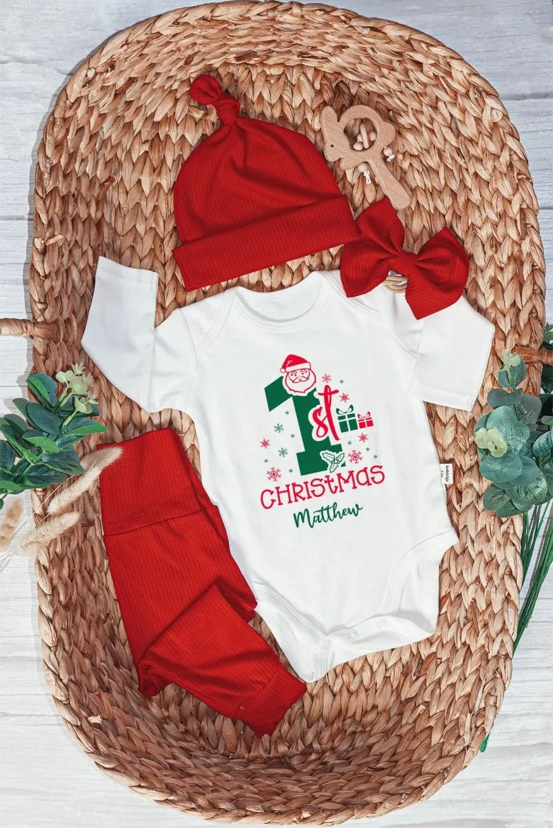 Custom Name My 1st Christmas Baby Onesie and Long Pants Set | Personalized My First Christmas Bodysuit