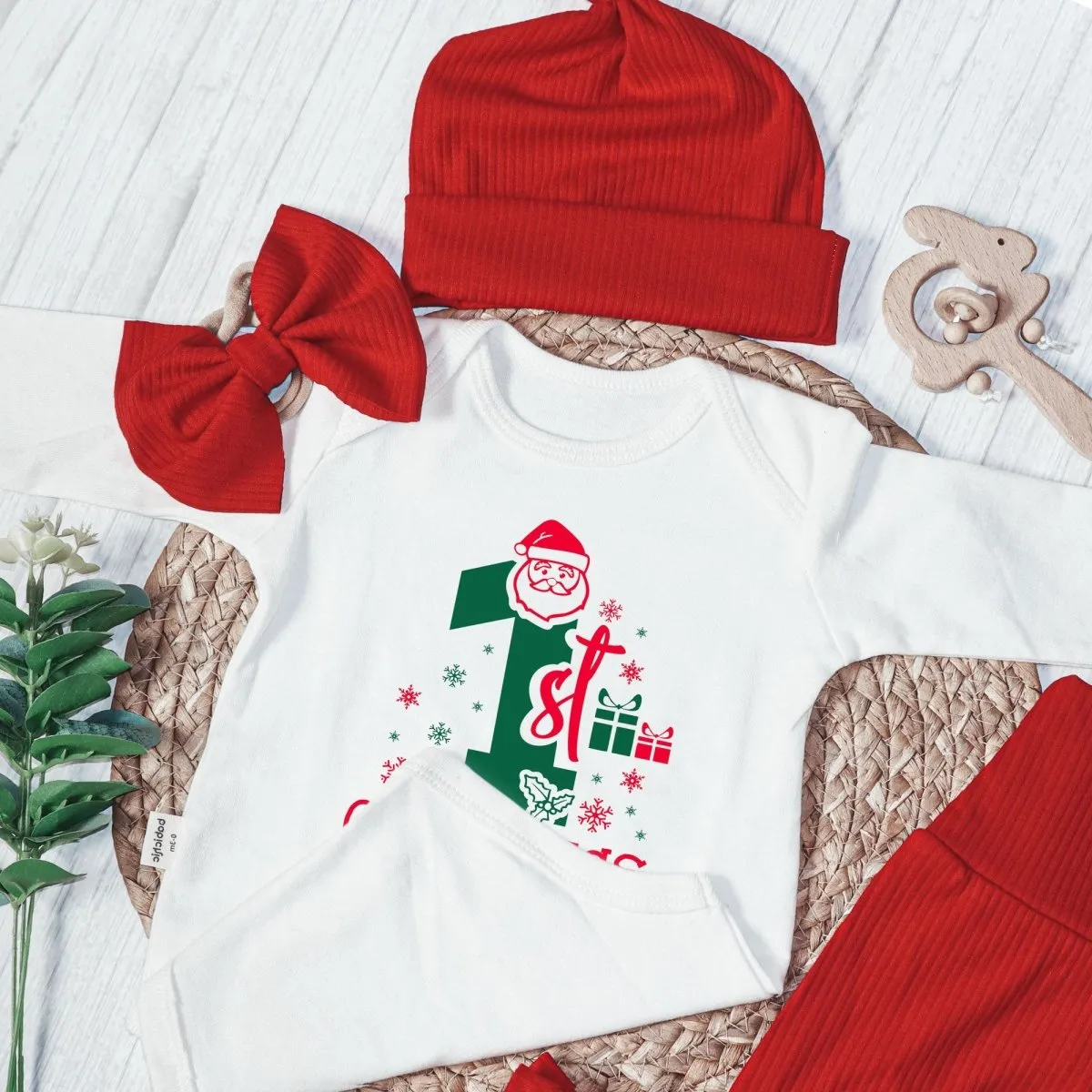 Custom Name My 1st Christmas Baby Onesie and Long Pants Set | Personalized My First Christmas Bodysuit