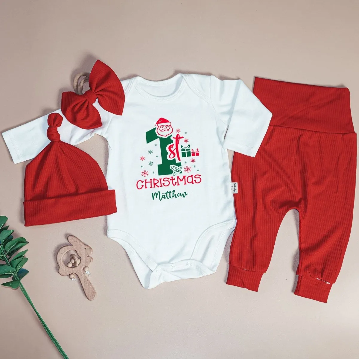 Custom Name My 1st Christmas Baby Onesie and Long Pants Set | Personalized My First Christmas Bodysuit