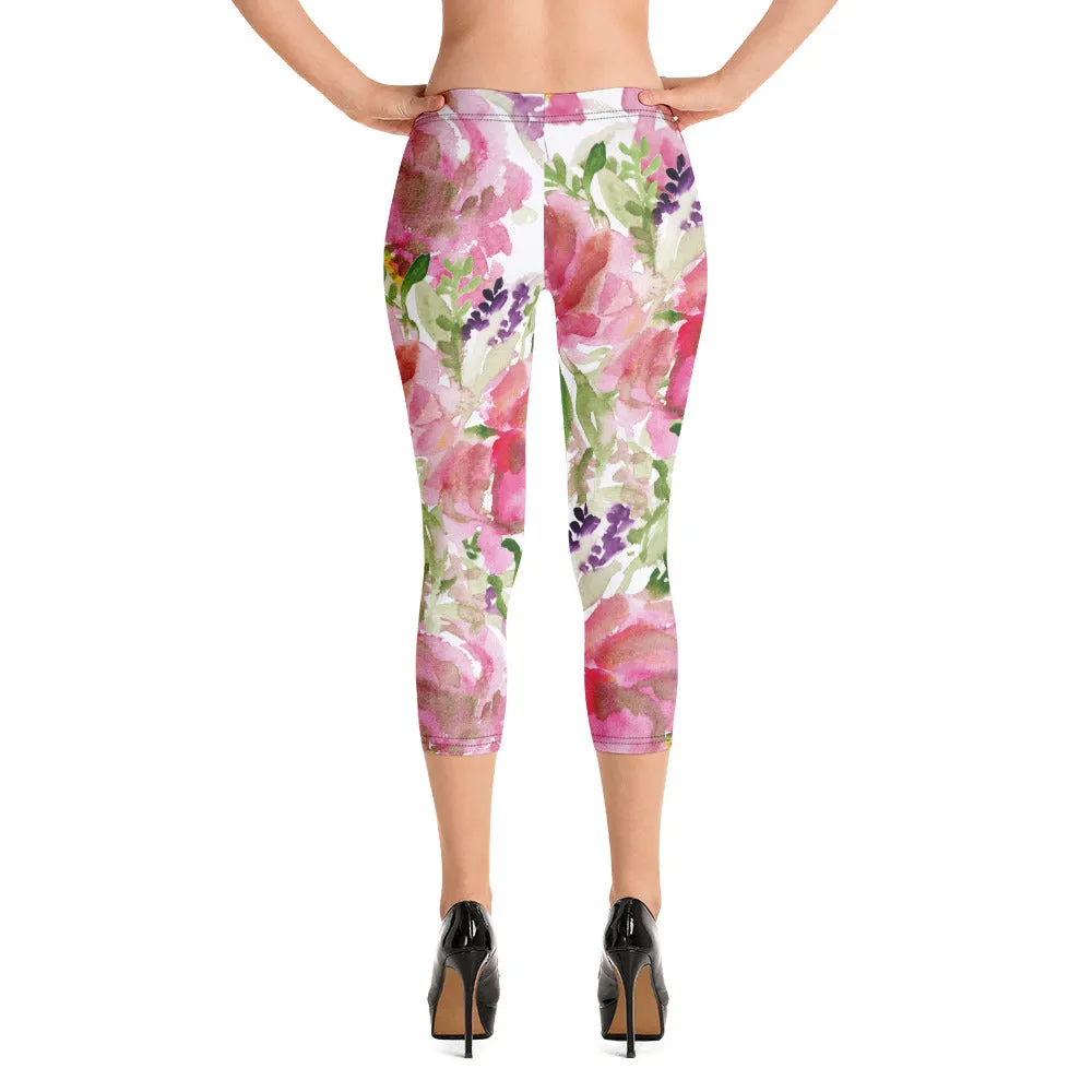 Cute Floral Women's Capri Leggings, Pink Floral Casual Tights Floral Designer Casual 38–40 UPF Capri Leggings Activewear Outfit - Made in USA/EU/MX (US Size: XS-XL)