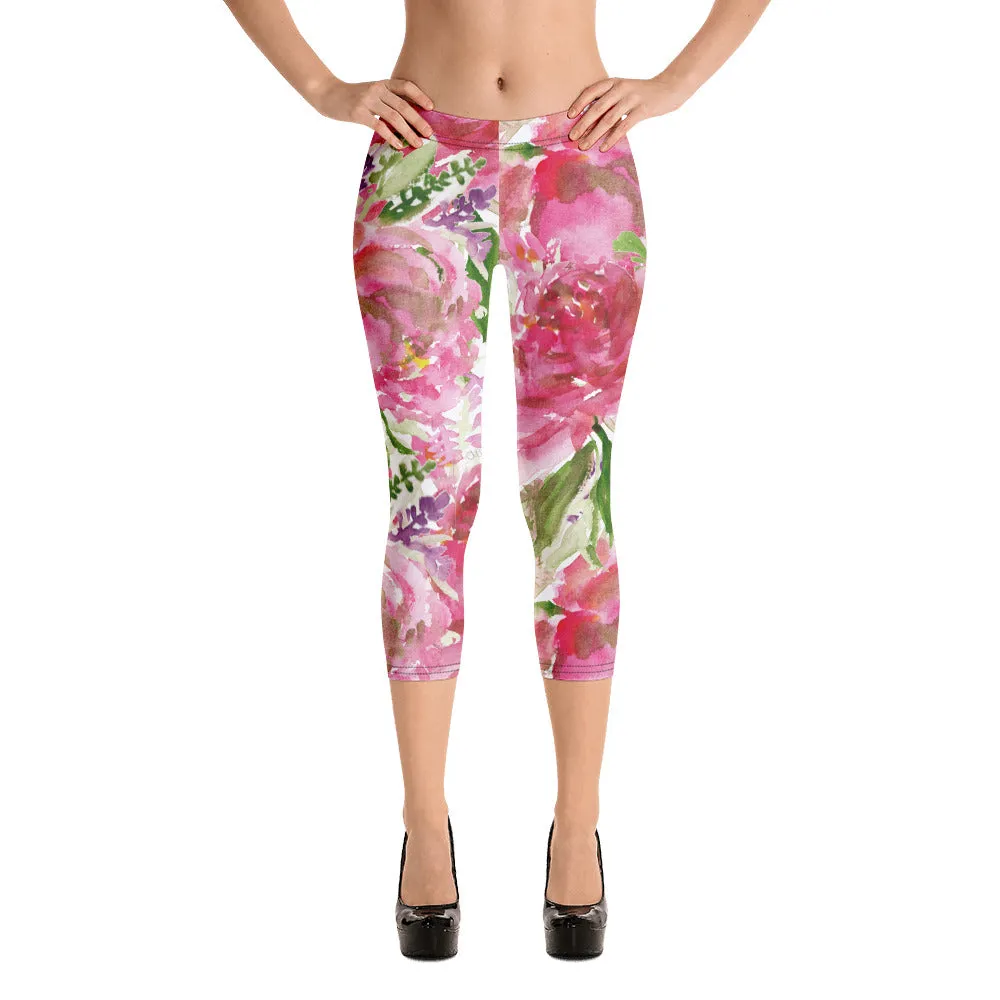 Cute Floral Women's Capri Leggings, Pink Floral Casual Tights Floral Designer Casual 38–40 UPF Capri Leggings Activewear Outfit - Made in USA/EU/MX (US Size: XS-XL)