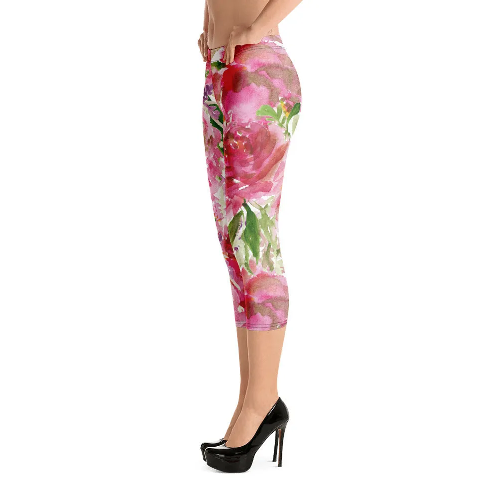 Cute Floral Women's Capri Leggings, Pink Floral Casual Tights Floral Designer Casual 38–40 UPF Capri Leggings Activewear Outfit - Made in USA/EU/MX (US Size: XS-XL)