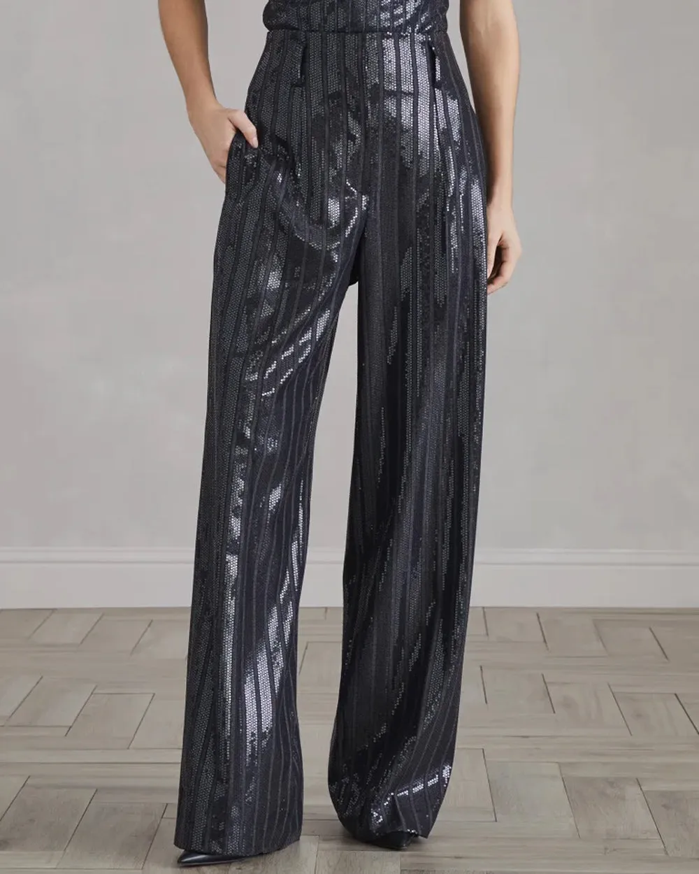 Dark Grey Pinstripe Paillette Wide Corset Pant