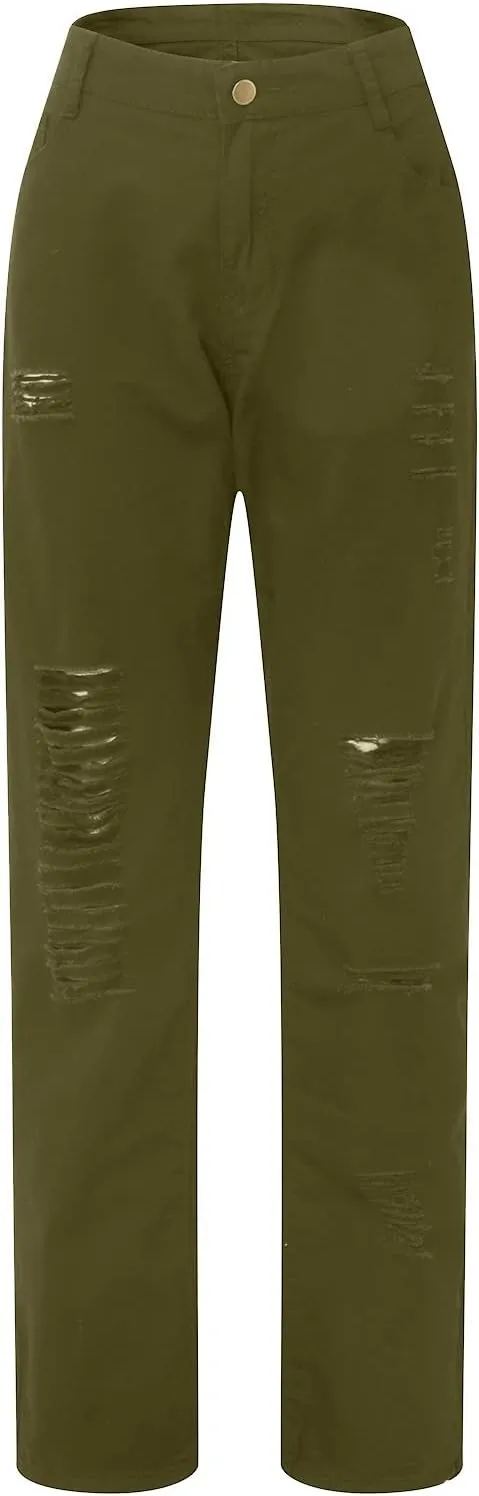 Denim Jeans for Women, Women's High Waist Straight Leg Ripped Jeans Distressed Denim Pants