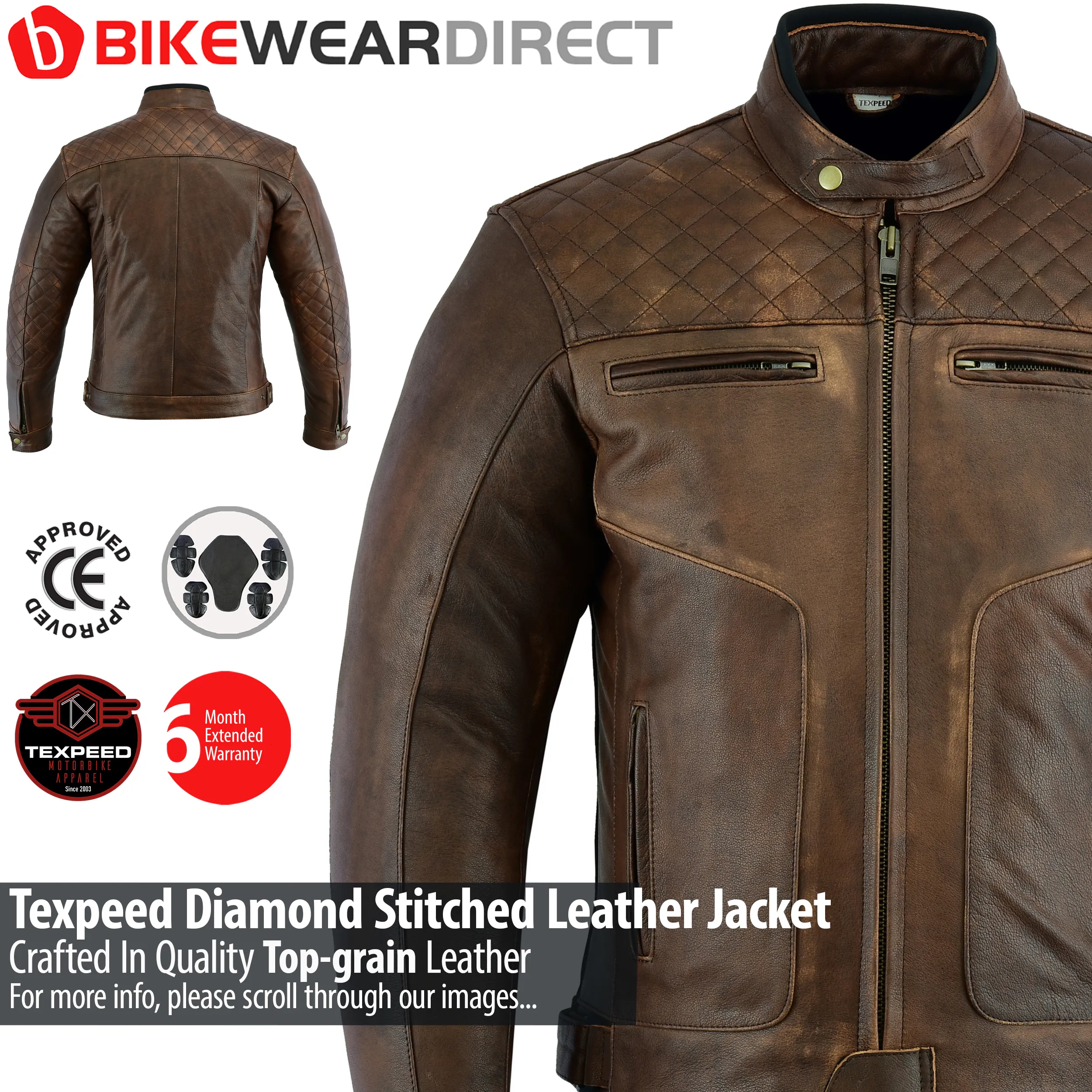 Diamond Stitched Brown Leather Motorcycle Jacket