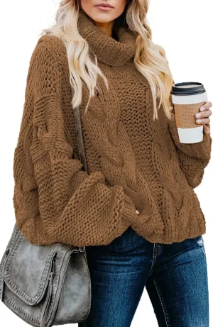 Dokotoo Womens 2024 Winter Fall Solid Turtleneck High Neck Balloon Long Sleeve Sweaters Pullover Outerwear