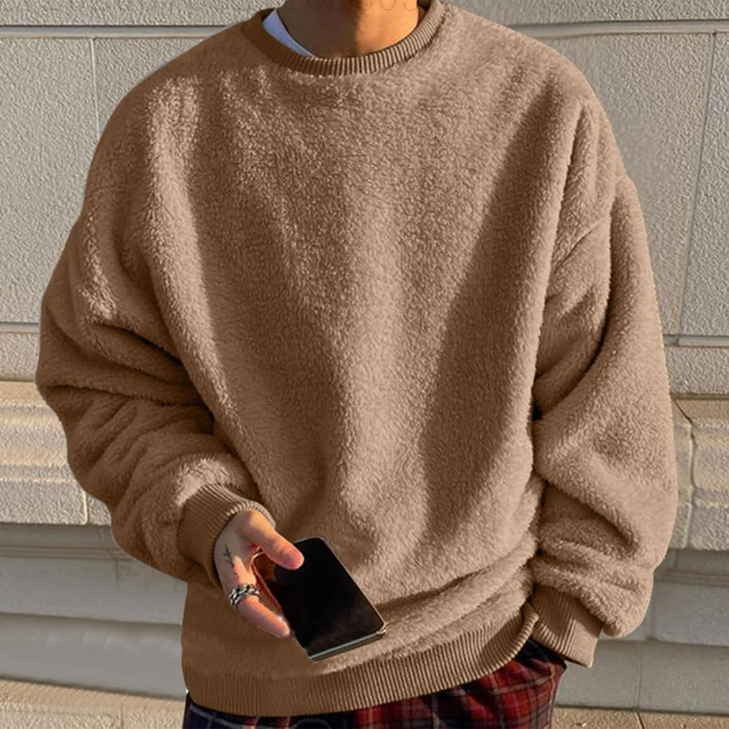 DOLKFU Men Hoodies Sherpa Fleece Oversized Pullover Sweatshirts Solid Color Long Sleeve Warm Crewneck Sweatshirt