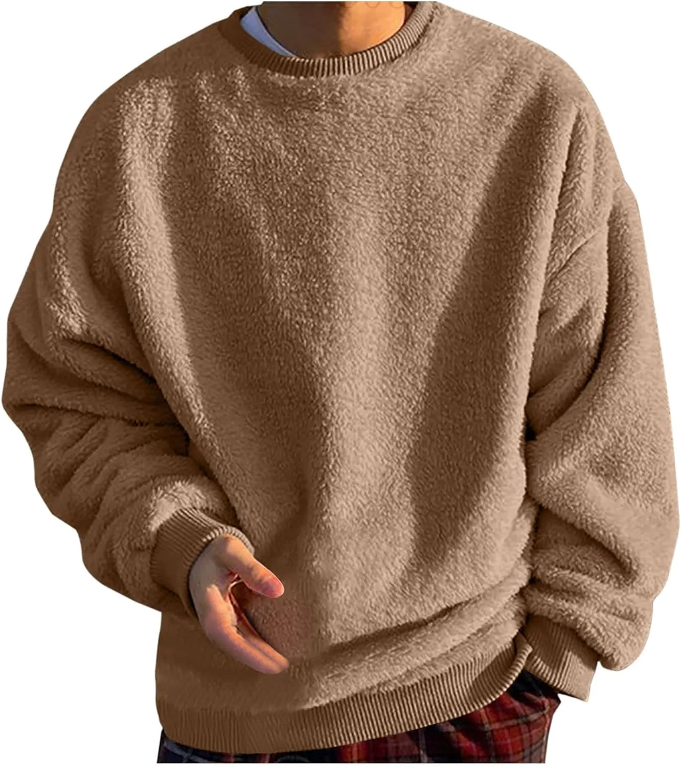 DOLKFU Men Hoodies Sherpa Fleece Oversized Pullover Sweatshirts Solid Color Long Sleeve Warm Crewneck Sweatshirt