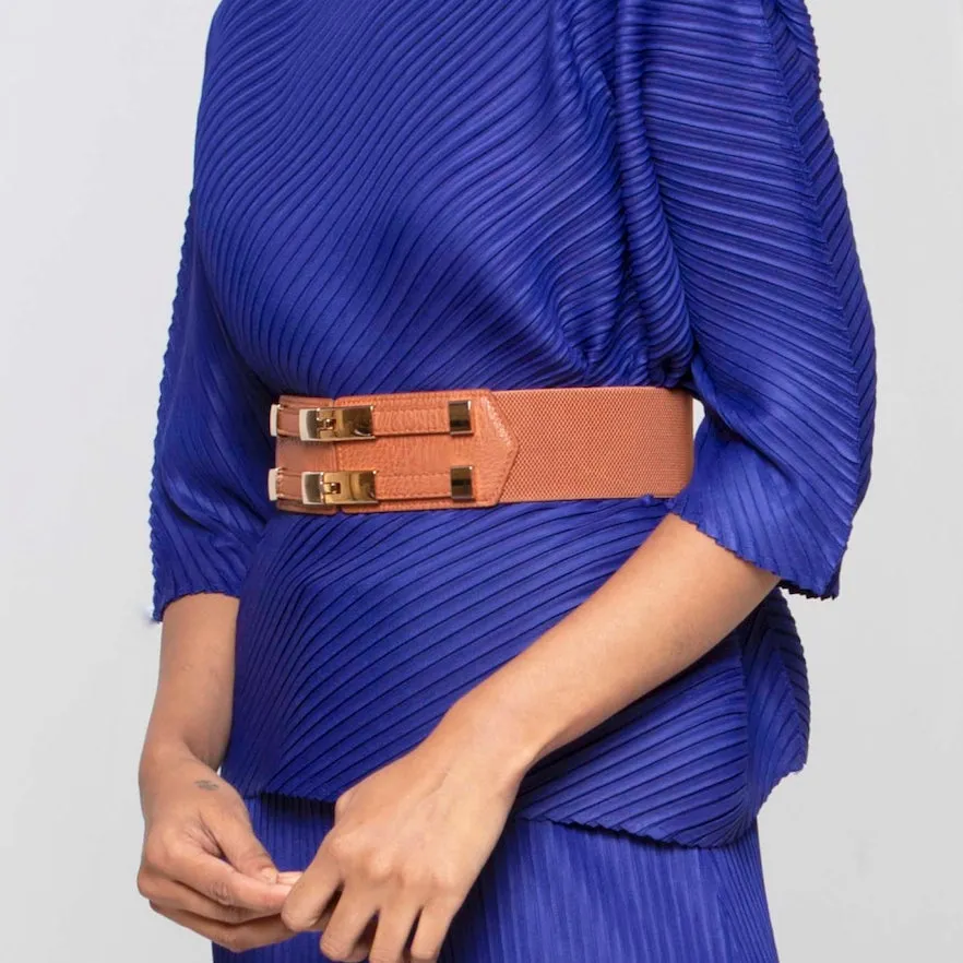 Double Clasp Elastic Belt - Tan