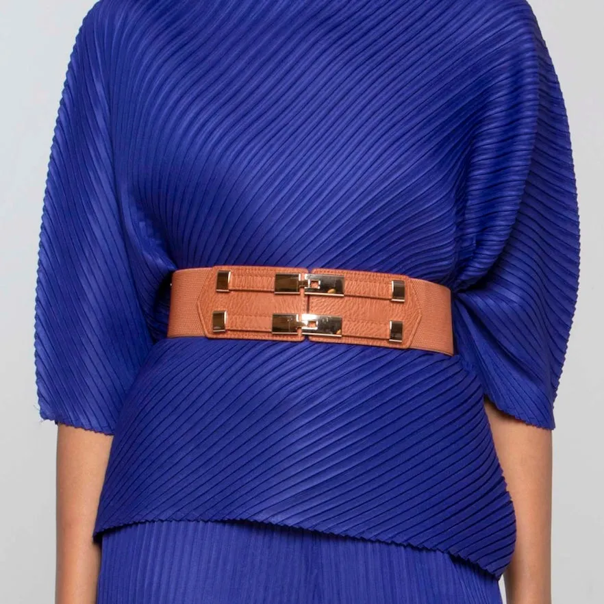 Double Clasp Elastic Belt - Tan