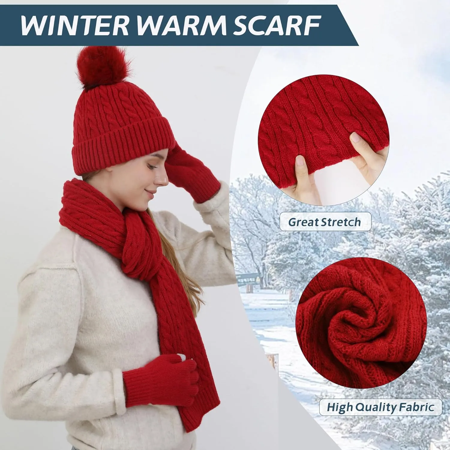 Double Couple 3pcs Winter Woven Scarf and hat and Touch Screen Gloves Set for Women Knit Hat with Faux Fur Ball Scarves Glove