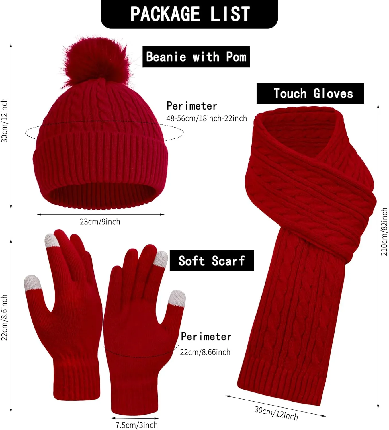 Double Couple 3pcs Winter Woven Scarf and hat and Touch Screen Gloves Set for Women Knit Hat with Faux Fur Ball Scarves Glove