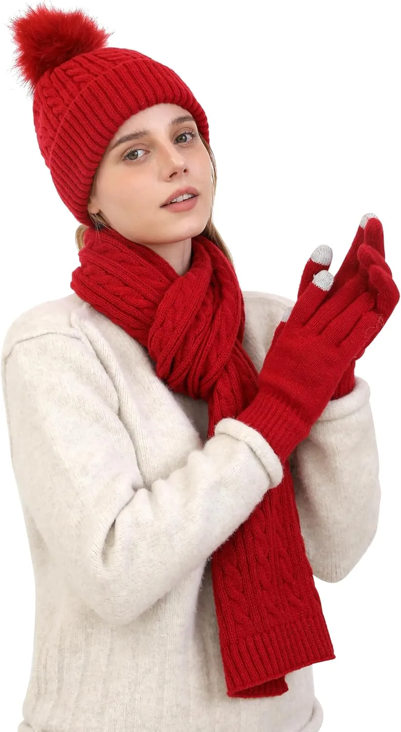 Double Couple 3pcs Winter Woven Scarf and hat and Touch Screen Gloves Set for Women Knit Hat with Faux Fur Ball Scarves Glove