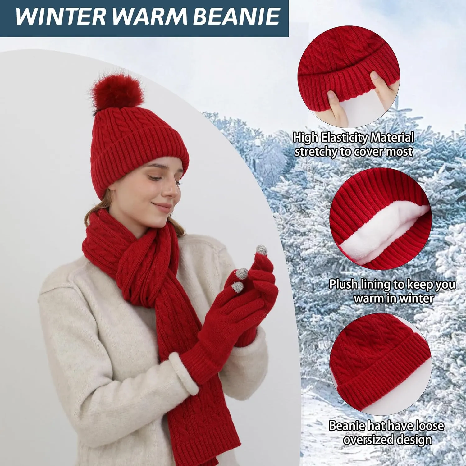 Double Couple 3pcs Winter Woven Scarf and hat and Touch Screen Gloves Set for Women Knit Hat with Faux Fur Ball Scarves Glove