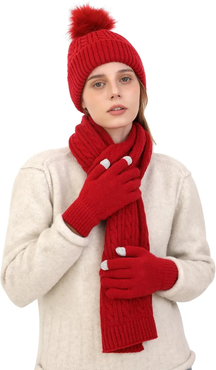 Double Couple 3pcs Winter Woven Scarf and hat and Touch Screen Gloves Set for Women Knit Hat with Faux Fur Ball Scarves Glove