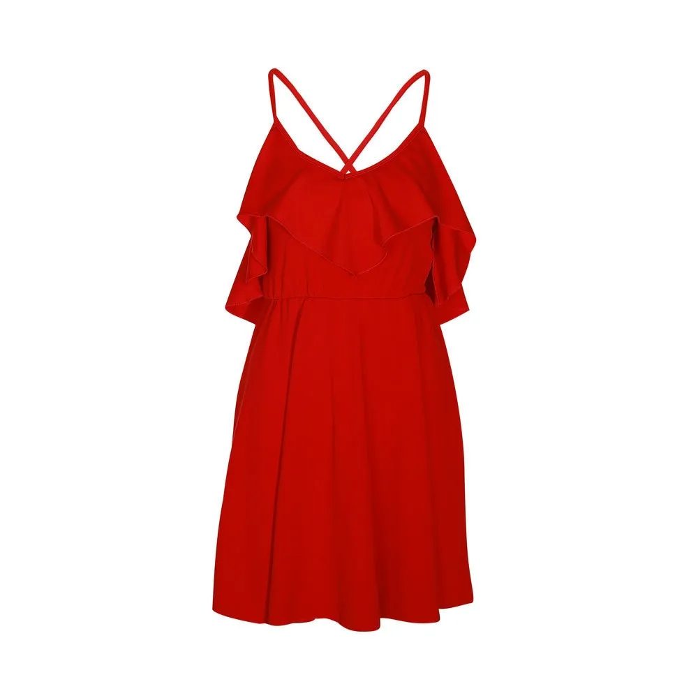 Drawstring Ruffles Bundle Waist V-Neck Strap Mini Dress