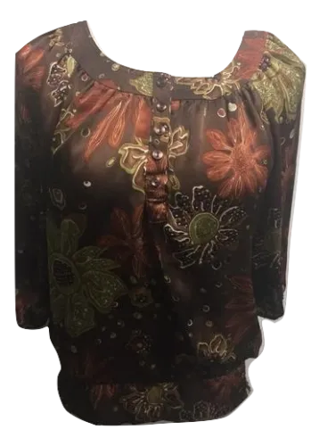 Dress Barn Cap Sleeve Pull Over Blouse, Brown Floral, Size Medium