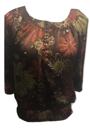 Dress Barn Cap Sleeve Pull Over Blouse, Brown Floral, Size Medium