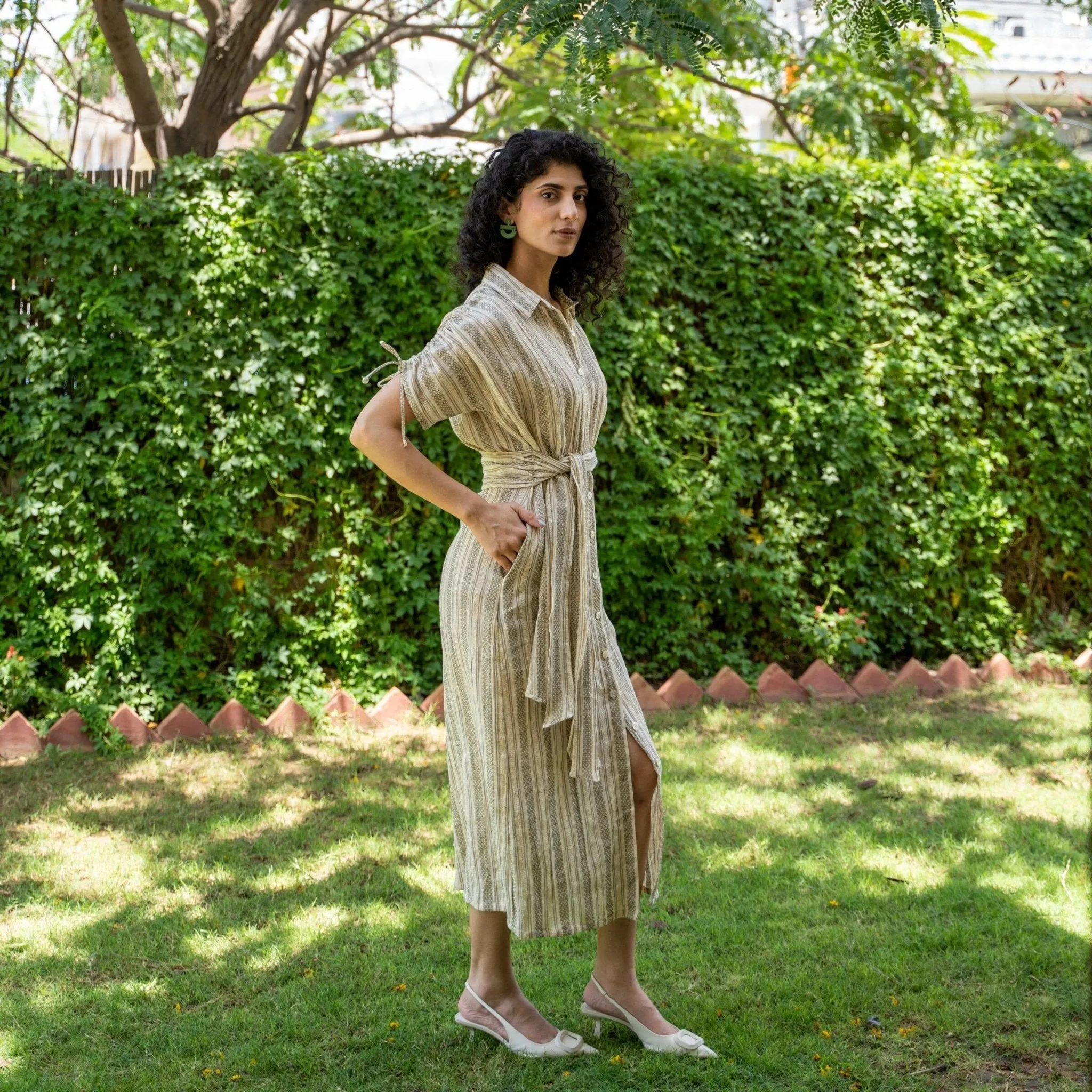 Ecru and Sap Green Crinkled Cotton Boho Maxi Shirt Dress