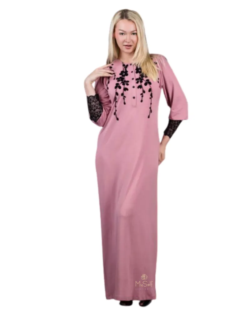 Ellwi Black Velvet Print Button Down Pink Cotton Nightgown