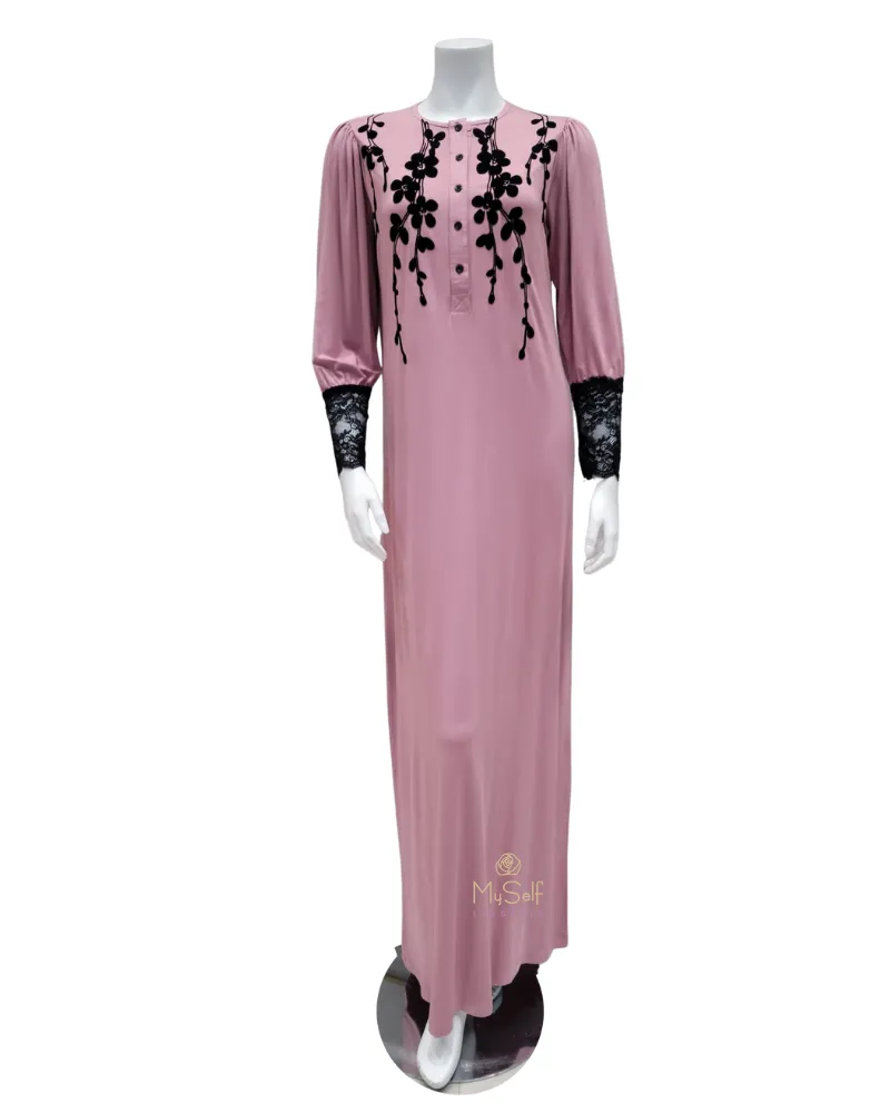 Ellwi Black Velvet Print Button Down Pink Cotton Nightgown