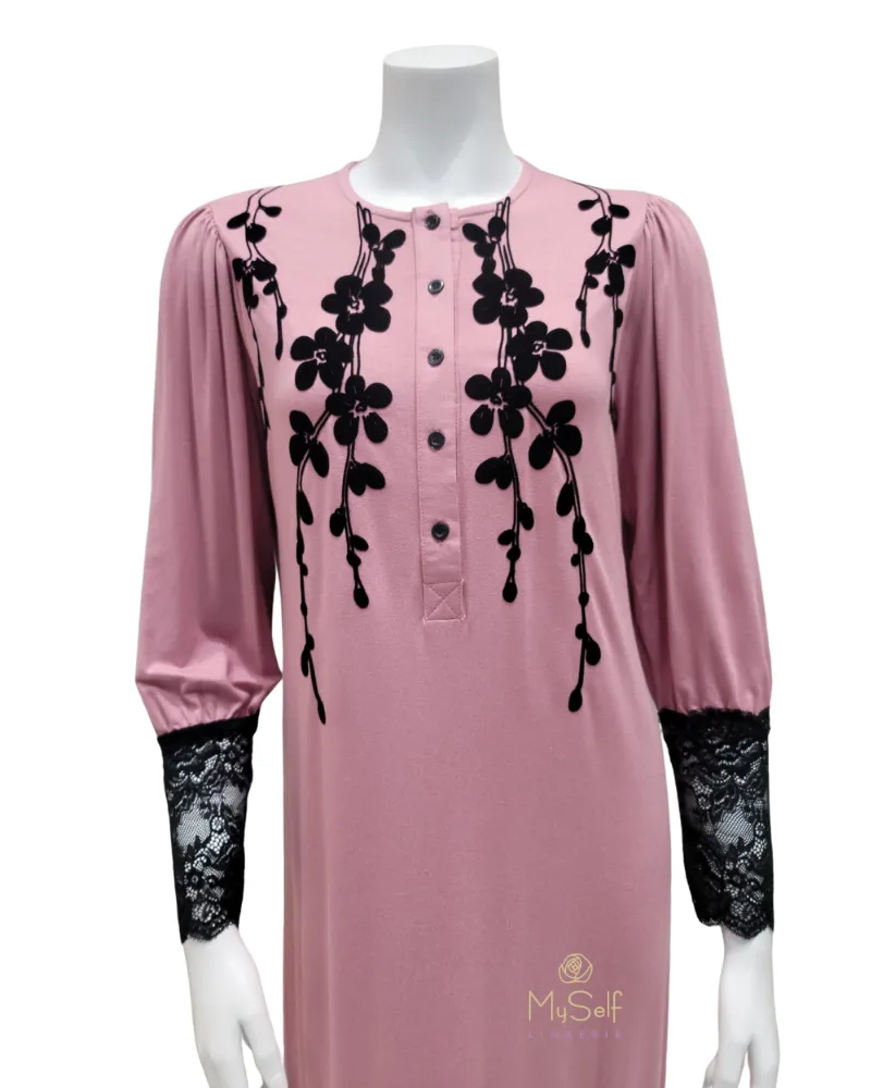 Ellwi Black Velvet Print Button Down Pink Cotton Nightgown