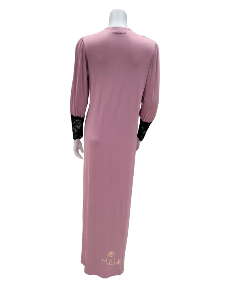 Ellwi Black Velvet Print Button Down Pink Cotton Nightgown