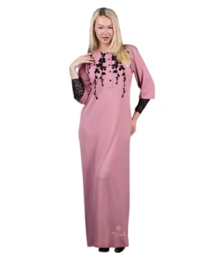 Ellwi Black Velvet Print Button Down Pink Cotton Nightgown