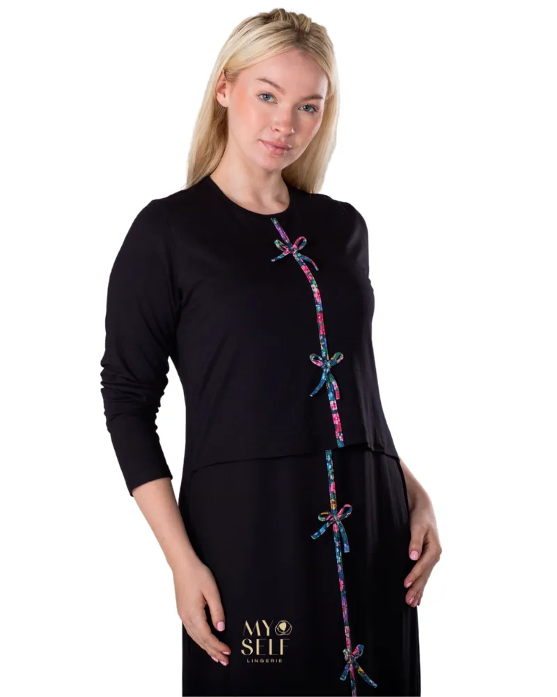 Ellwi Floral Bows Black Cotton Nursing Nightgown