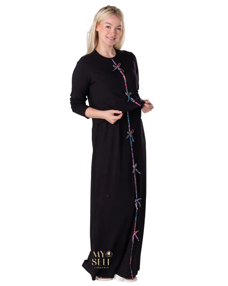 Ellwi Floral Bows Black Cotton Nursing Nightgown