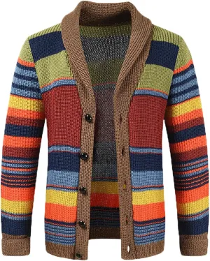 Ethnic Pattern Sweater Men Vintage Cardigan Sweater V Neck Button Down Sweaters Lightweight Knit Cardigan with Pocket