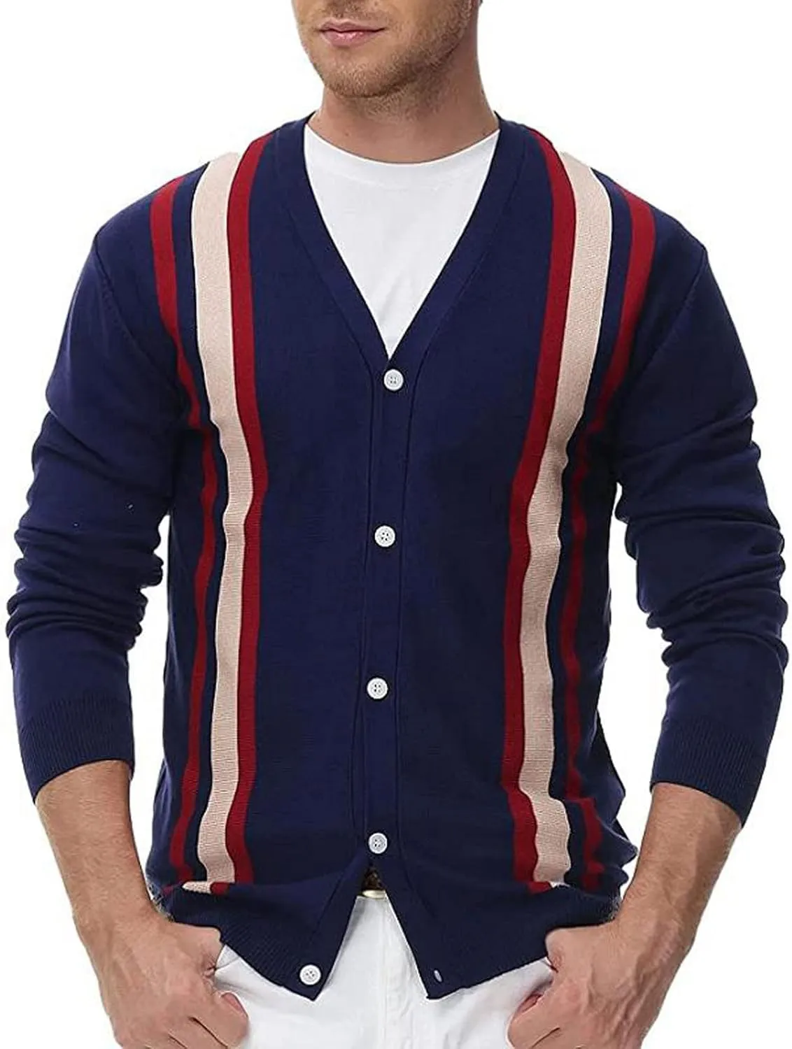 Ethnic Pattern Sweater Men Vintage Cardigan Sweater V Neck Button Down Sweaters Lightweight Knit Cardigan with Pocket